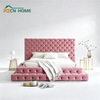 Lit King Size Capitonnée Rose en Velours Style Européen Moderne, Personnalisable, à Dossier Haut, Prix Usine, pour Chambre Parentale et Villa