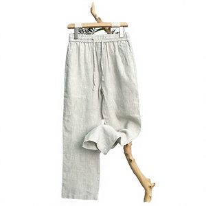 Pantalon long décontracté pour homme en coton et ramie, léger, uni, avec taille élastique et cordon de serrage, couleur unie, coupe droite ample, printemps-été - Product Image 4