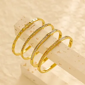 Joyas De Acero Flash 18K Gold Plated Stainless Steel Bangles Jewelry Octagonal Zircon Smooth Bracelet For Women