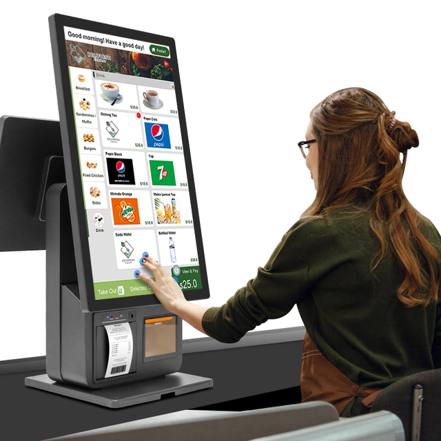 Self Service Cash Register Booth 23.8 Inch+18.5 Inch POS System windows Suitable for Supermarket