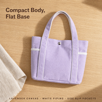 Mini sac fourre-tout en toile de coton, finition blanche lavande, poche latérale, sac à main à bouton-pression argenté, vente en gros, fournisseur OEM ODM personnalisé