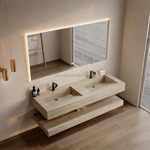 Wash Basin Floating Vanity Bathroom Hotel Wall Mounted Stone <b>Top</b> Integrated Sink Travertine Bathroom Vanity - Product Image 3