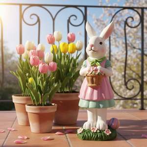 Estatua de Resina Artística Personalizada de Conejo de Pascua con Cesta de Flores y Huevo de Pascua, Decoración de Jardín de Primavera, Regalo para el Hogar - Product Image 3