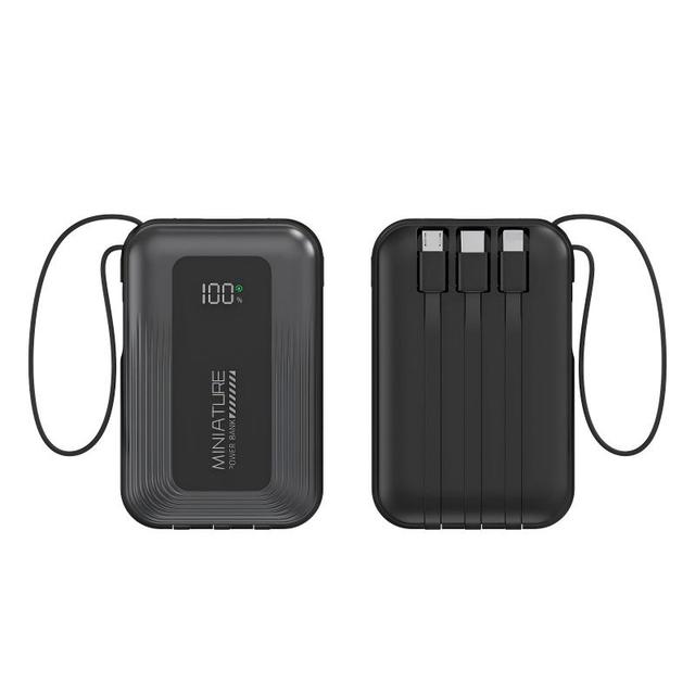 New 10000mAh Portable Phone Charger Black Fast Charging Digital Display Power Bank Built-in 4 Cables Customized Powerbank