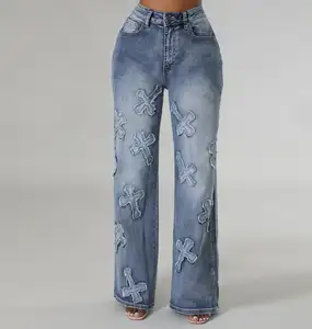 STOCK pantaloni di marca personalizzati di nuova moda pantaloni da donna in Denim dritto Jeans a vita alta Design Jeans da donna