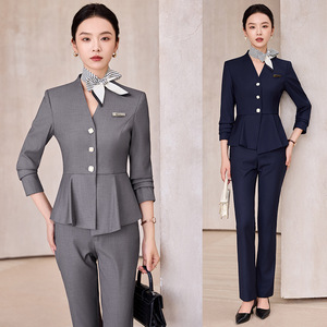 Women's Grey Suit Set Three Quarter Sleeve Anti-Wrinkle Formal Wear For Hotel Receptionists Jewelry Store Beauty Salon Staff - Product Image 1