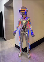 Costume de robot futuriste avec miroir argenté et éclairage LED, ensemble complet, combinaison miroir, casque, gants, tenue de scène