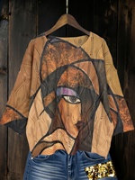 Pull en maille respirant pour femme, motif abstrait vintage, style cubiste 2026, col rond, coupe oversize, maille ajourée, 100 % polyester