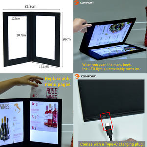Livre <span class=keywords><strong>de</strong></span> <span class=keywords><strong>Menu</strong></span> LED Rechargeable <span class=keywords><strong>de</strong></span> Marque <span class=keywords><strong>de</strong></span> Luxe Numérique, Format A4, pour Restaurant, avec Couvertures en Cuir PU, Alimentation Électrique - Product Image 2
