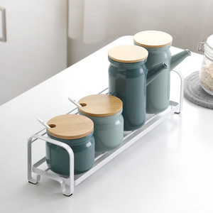 Set di bottiglie di olio e aceto in ceramica da cucina dal Design semplice/Set di vasetti di spezie in ceramica con coperchio in bambù - Product Image 5