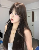 Perruque synthétique noire à mécanisme de couleur thé pour femmes, style coréen, couvre-tête complet, cheveux ondulés mi-longs