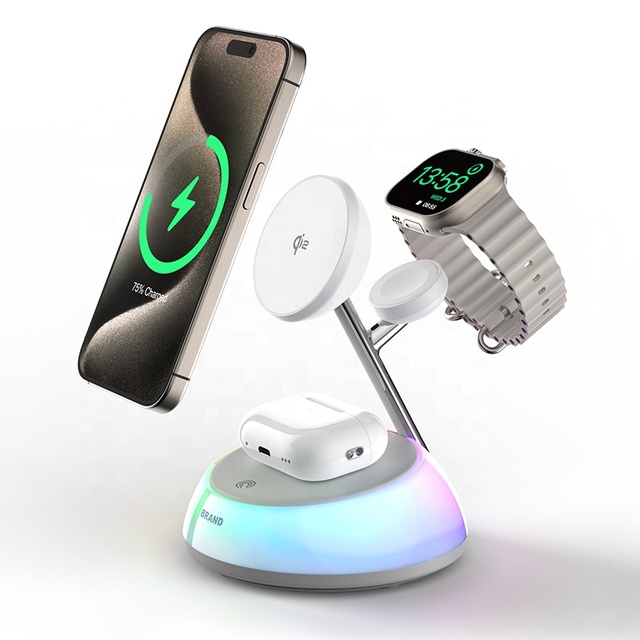2025 for Alibaba Top Selling Qi2 3-in-1 Magnetic Wireless Charger Mobile Phone Charging Dock Stand with Colorful Night Light
