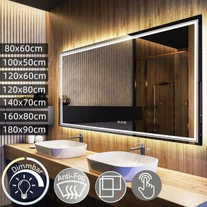 Dropshipping Große Wandmontierte Ankleidespiegel Smarte LED Badezimmerspiegel mit Doppelbeleuchtung Dimmbarer Salon-Schönheitsspiegel - Product Image 1