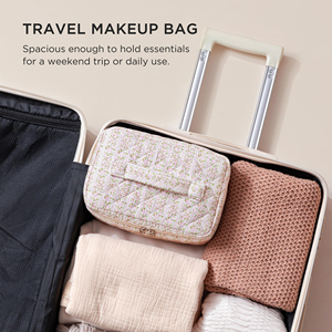 Quilted Makeup <b>Bag</b> Large Cosmetic Travel Case for Women Soft Cotton Toiletry Organizer Skincare Brushes Accessories Storage - Product Image 5