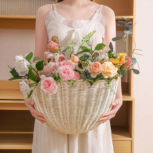 Rattan Storage <b>Basket</b> Bowl Shape With Handle <b>For</b> Home Decor <b>Flower</b> Arrangement - Product Image 1