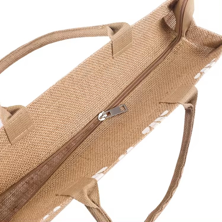 Wholesale Plain Hessian Large Natural Eco Friendly Burlap Jute Shopping Tote Beach Bag With zipper