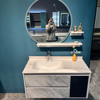 Meuble-lavabo mural moderne en bois massif avec vasque simple en jade blanc (couleur graisse de mouton), vasque à raccordement sans joint, résistant à l'eau