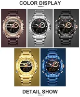 Jam tangan bisnis pria NF9163, arloji kuarsa LCD Digital Dial hitam untuk tali baja tahan karat tangan bercahaya 9163