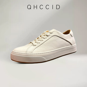 QHCCID Men's White <b>Leather</b> <b>Sneakers</b> Breathable Rubber Outsole Mid Heel Casual Walking Shoes - Product Image 3