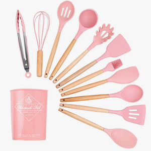 Premium Non Stick Cookware Spoons 12 Pcs Kitchen Cooking Utensils Wooden Handles Silicone Utensil Set