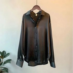 Venta al por mayor otoño primavera Corea recto diseño Retro mujeres satén camisa Color sólido manga larga casual señora blusa camisa - Product Image 4