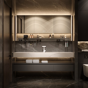 Modern Luxury Bathroom Vanity <b>Set</b> with Smart MirrorAnd Stone Basin 60 In Rectangular Minimalist Design Polished Finish - Product Image 5
