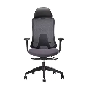 高质量员工会议室桌椅转体灰色网椅可调节扶手高背转椅