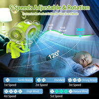 Ventilateur portable à clipser pour poussette enfant, 5 pales, avec musique et lumière, rechargeable 5000 mAh, pour voiture, extérieur, maison et hôtel