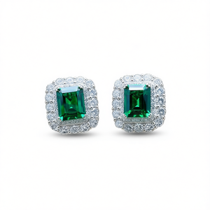 Pendientes de lujo de oro blanco con esmeraldas y gemas verdes de corte esmeralda con engaste de bisel para mujer, joyería de boda - Product Image 1