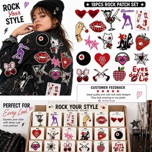 Lot de patchs brodés Y2K Indie à thermocoller ou à coudre, motifs mignons Cœur, Étoile, Lèvres, Cerise, Chat, Guitare, Fraise - Product Image 5