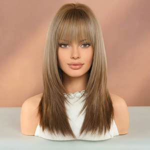 Perruque droite brune et blonde avec frange femmes perruque synthétique cheveux longs pour la fête ou un usage quotidien perruque brune Ombre - Product Image 1