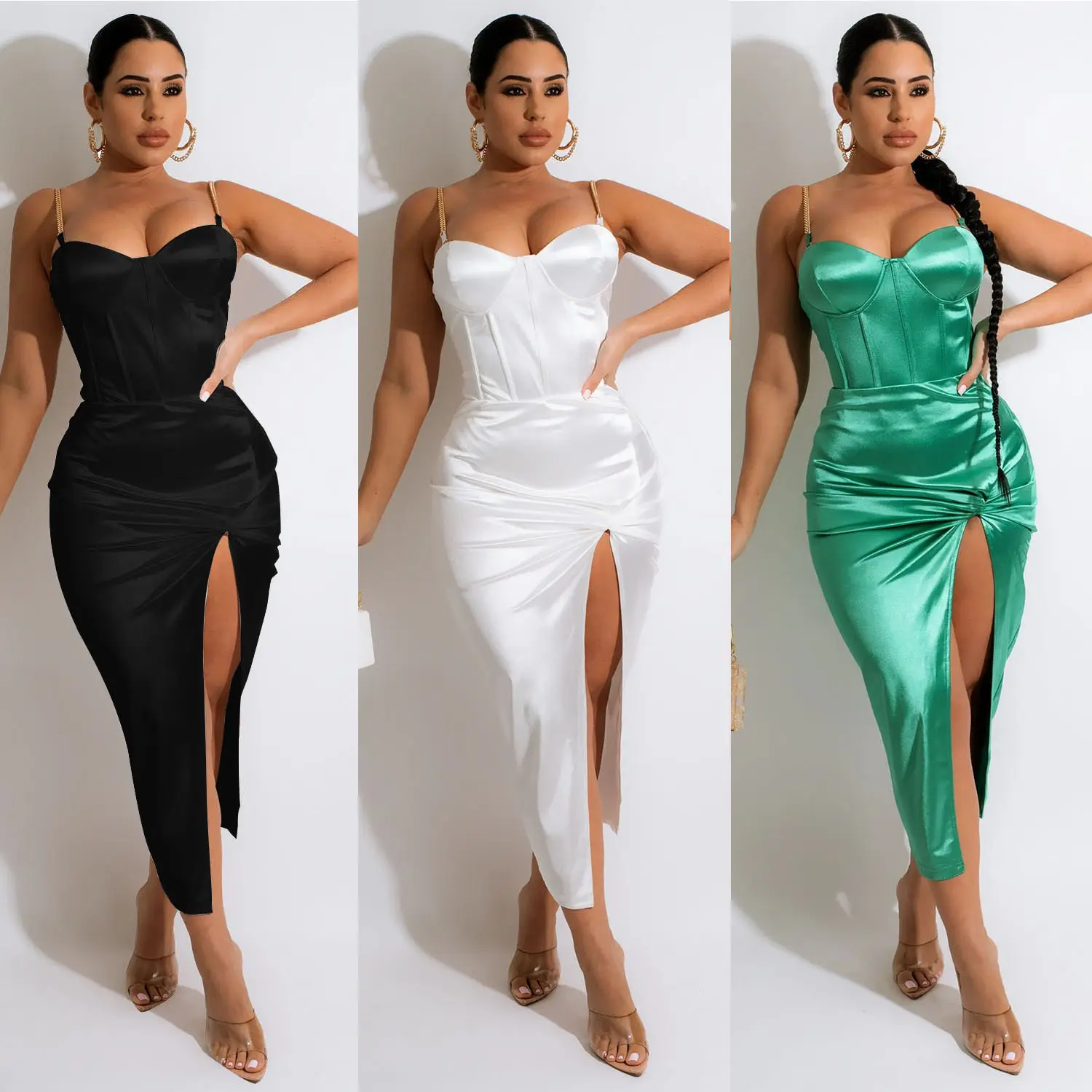 RTS Amazoo Hot selling fashion silk satin girl summer American style sleeveless lady elegant evening party womens dresses