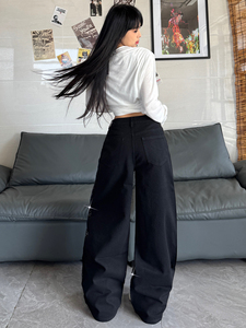 Jeans en denim à <span class=keywords><strong>taille</strong></span> <span class=keywords><strong>haute</strong></span> et jambes larges pour femmes, <span class=keywords><strong>coupe</strong></span> ample avec embellissement papillon en cristal - Product Image 3