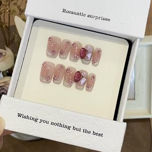 <span class=keywords><strong>Faux</strong></span> ongles en acrylique artificiels faits à la main, 10 pièces, ongles ovales roses avec strass, longue durée - Product Image 2