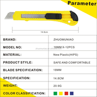 Couteau utilitaire en plastique durable en stock, lame en acier au carbone de 18 mm, rétractable, OEM, pour l'école, le bureau, les étudiants, le bricolage, la papeterie