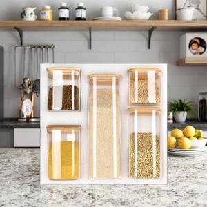 5 pièces ensemble <span class=keywords><strong>cuisine</strong></span> hermétique carré bocaux de stockage en verre avec boîte en mousse à bulles stockage à domicile bocal en verre avec couvercle hermétique - Product Image 1
