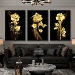 Nordische goldene Rose Blume Wand kunst moderne schwarze abstrakte Drucke Bild Poster Wohnkultur Kristall Porzellan Malerei Wand kunst