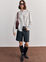 Chemisier décontracté pour femme en coton 100% teint en fil à rayures verticales, bleu pâle et blanc, col à revers, boutonnage, manches longues