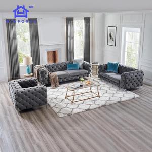 Ensemble de canapés design de luxe <span class=keywords><strong>Canapé</strong></span> de salon <span class=keywords><strong>Canapé</strong></span> Chesterfield moderne en tissu à trois <span class=keywords><strong>places</strong></span> et boutons tuftés avec pieds en métal inoxydable - Product Image 2