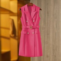 M619 #    Robe blazer sans manches pour femme, double boutonnage, ceinturée, mini-robe de soirée élégante