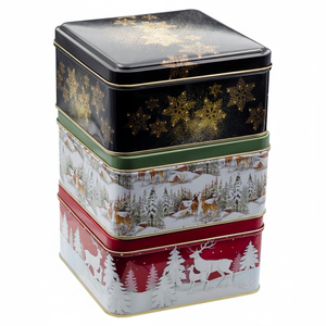 Square Tin <b>Box</b> Set 158x158x80 mm 2.4L (3 Pcs) New Year Design - Product Image 2
