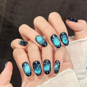 <span class=keywords><strong>Uñas</strong></span> Postizas Acrílicas de Alta Calidad Hechas a Mano, Color Azul Degradado a Negro con Puntos Blancos Brillantes, Estilo Dreamy, Venta al Por Mayor - Product Image 1