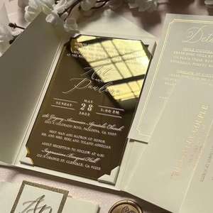 Cartes d'invitation de luxe à pochette triple en papier miroir métallisé pour la fête des Mères et les mariages, avec cartes RSVP et d'informations complémentaires - Product Image 4