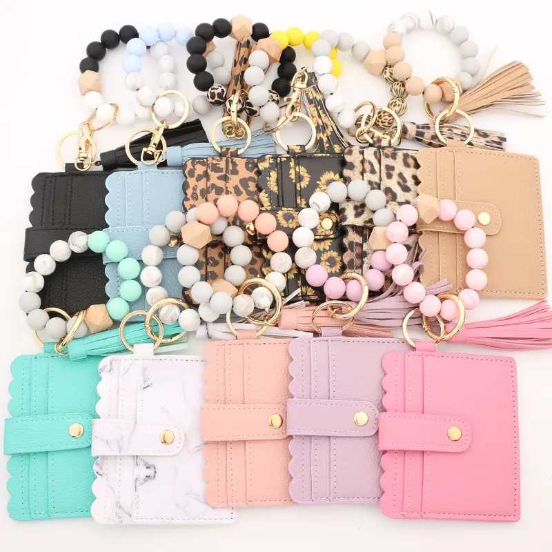 Hot Sale Sunflower Leather Tassel Bangle Wristlet Keychain Women Silicone Wooden Beaded ID Credit Cards Wallet Keychain