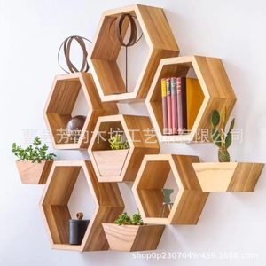 Solid Wood Hexagonal Floating <b>Shelf</b> Honeycomb <b>Wall</b> <b>Mounted</b> Storage Display Rack 11x12.75x4.75 Inch Set Of 3 Or 5 - Product Image 2