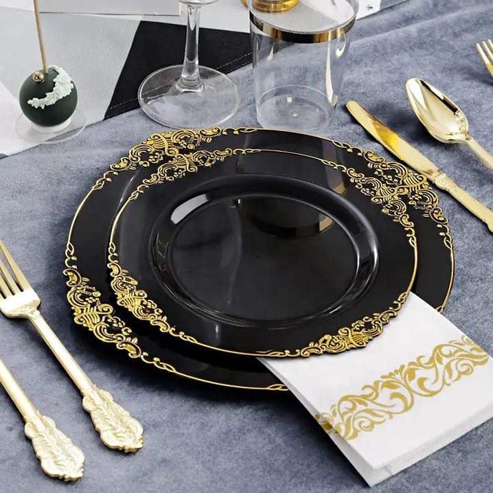 Debajo del plato para boda, decoración desechable, platos de cargador de plástico, platos de cargador para servir frutas, platos de cena a granel, mesa de boda