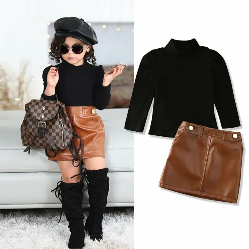 Wholesale New Spring New Arrival Girls Fashion Clothes Set 2 Pieces Suit Sweater Tops pu Leather Skirt Kids Sets Girls Clothes