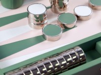 Jeu de Backgammon Vert de 23 Pouces en Cuir Véritable, Grand Modèle de Tournoi, avec Pions, Jetons et Dés en Bois et Métal Personnalisés