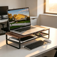 Support d'écran double couche en bois, rehausseur ergonomique pour ordinateur, étagère de bureau, organisateur de rangement avec gain de place