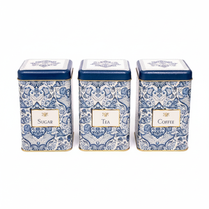 105x105x160 mm Square <b>Tin</b> Box Set ( Set of 3 ) Azulejo-Inspired Blue & White Decorative Pattern Azulejos Design - Product Image 2